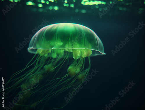 A green jellyfish floating in the water at night Generative Ai © Eduardo