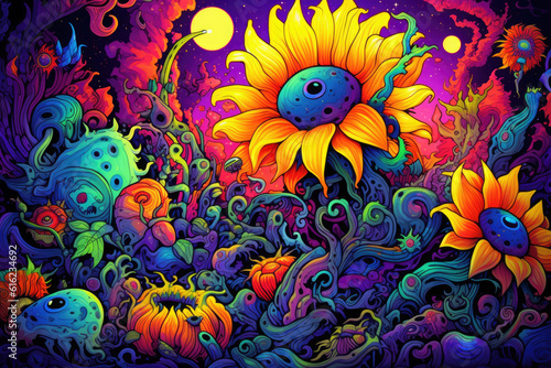 Surrealistic illustration of a sunflower on the abstract colorful background. Vibrant colors. Generative AI