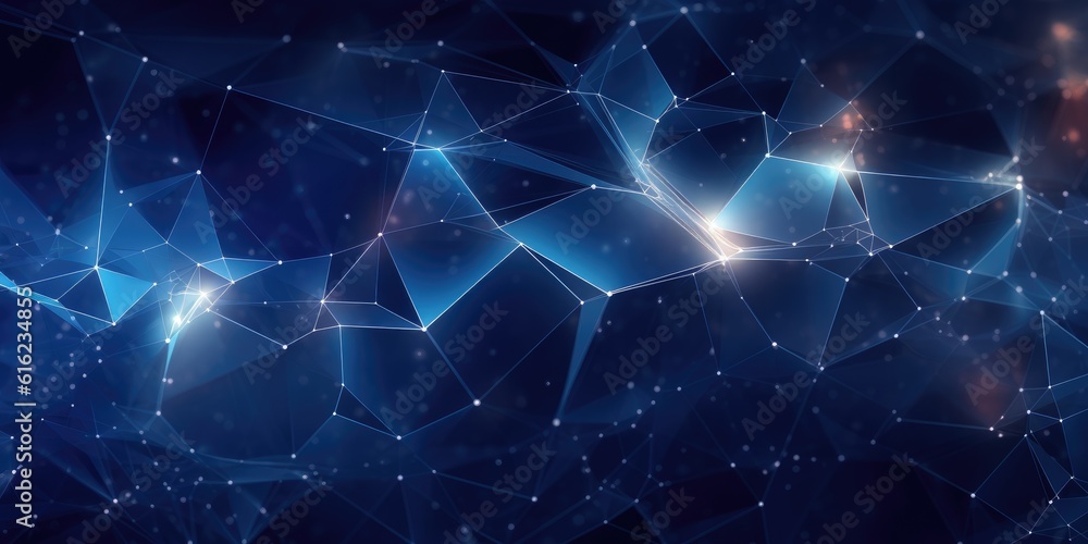 Abstract blue technology background with a cyber network grid and connected particles. Artificial neurons, global data connections - Generative AI Abstract blue technology background with a cyber network grid and connected particles. Artificial neurons, global data connections - Generative AI