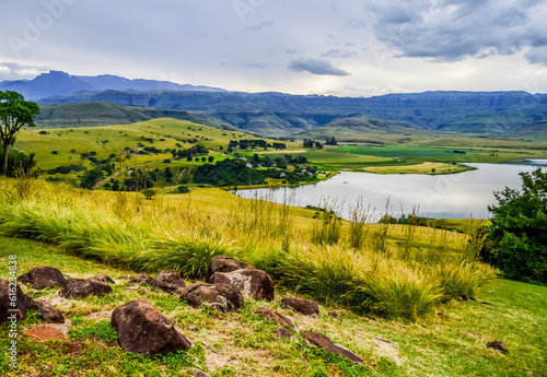 Drakensberg mountain escarpment and bell park dam around Cathkin park in Kwazulu natal South Africa