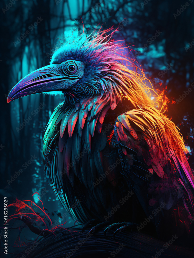 Fototapeta premium A colorful neon bird sitting on top of a tree branch Generative Ai