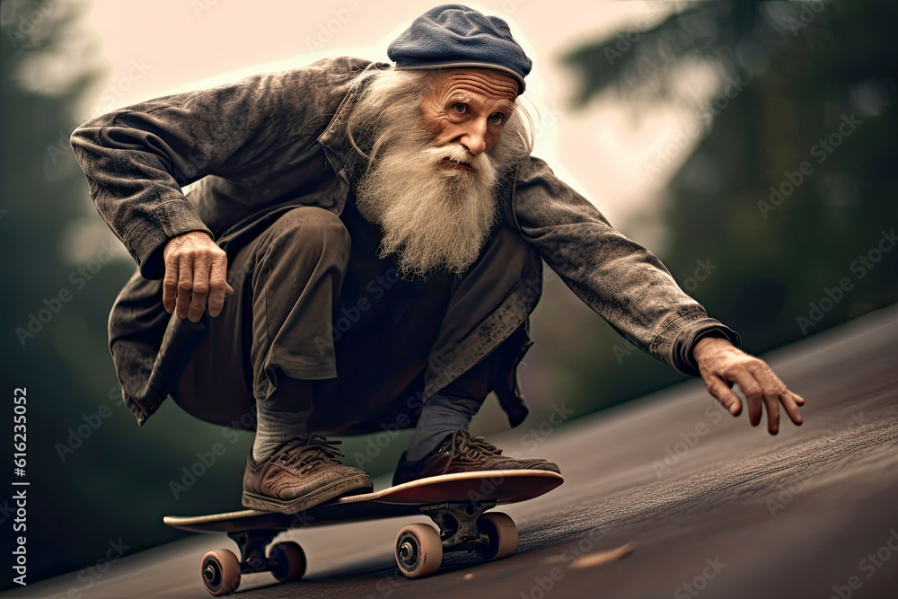 Old man skateboarding, generative ai