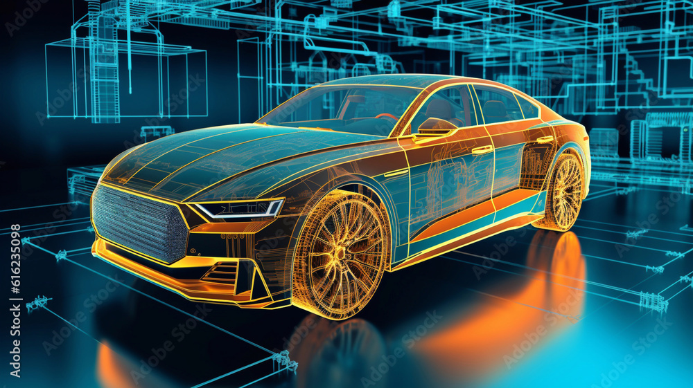 Automotive Engineer Uses Digital Tablet with Augmented Reality for Car Design Analysis and Improvement. 3D Graphics Visualization Shows Fully Developed Vehicle Prototype Analysed Generative AI