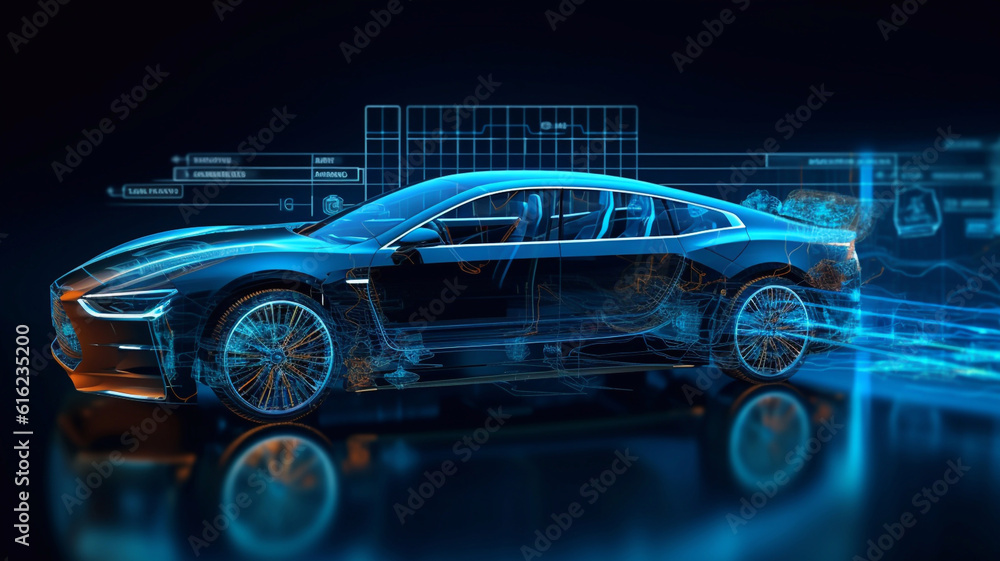 Fototapeta premium Electronic vehicle charging station control stop refuel point, hand pressing starting charge energy button, electric power EV car futuristic eco environmental friendly energy, blue Generative AI