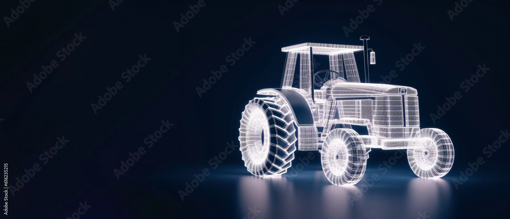 Naklejka premium Wireframe of a large tractor made of blue lines with glowing lights isolated on a dark background. Perspective view. Generative AI