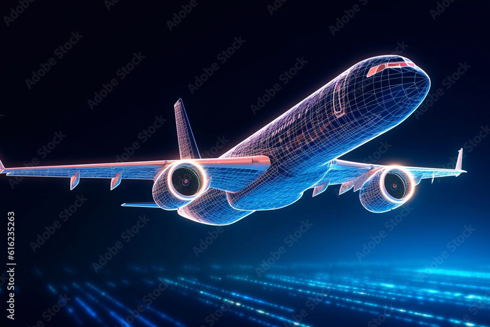 Abstract background with digital grid airplane and blurred lines. Big data. Wireframe 3d plane engineering concept with lens effects. Travel, tourism, transport. Generative AI Abstract background with digital grid airplane and blurred lines. Big data. Wireframe 3d plane engineering concept with lens effects. Travel, tourism, transport. Generative AI