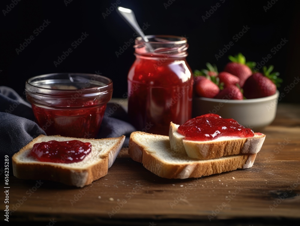 Toast with strawberry jam for breakfast on wooden table. Generative AI Toast with strawberry jam for breakfast on wooden table. Generative AI
