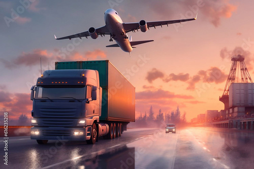 Transportation, import-export, commercial logistic, shipping business industry, container truck, ship in port and freight cargo plane Generative AI