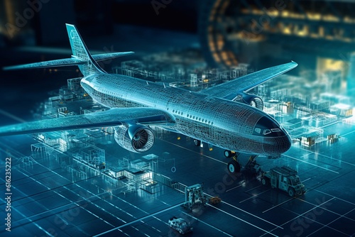 Technology digital future of commercial air transport concept, Airplane taking off from airport runway on city skyline and world map background with copy space, Moving by speed motion Generative AI