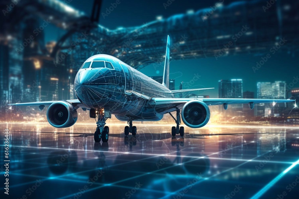 Technology digital future of commercial air transport concept, Airplane taking off from airport runway on city skyline and world map background with copy space, Moving by speed motion Generative AI Technology digital future of commercial air transport concept, Airplane taking off from airport runway on city skyline and world map background with copy space, Moving by speed motion Generative AI