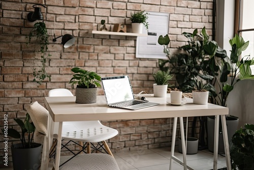 Modern home workspace with laptop  houseplants  and a background of white bricks. Generative AI