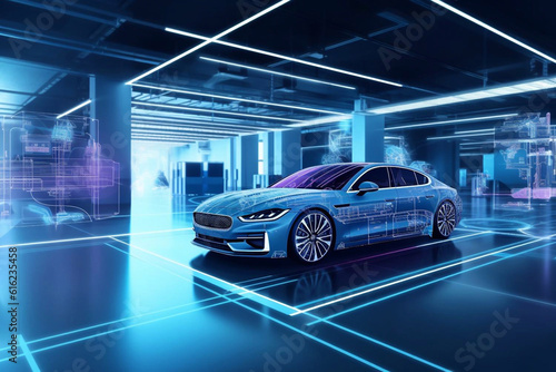 Electronic vehicle charging station control stop refuel point  hand pressing starting charge energy button  electric power EV car futuristic eco environmental friendly energy  blue Generative AI