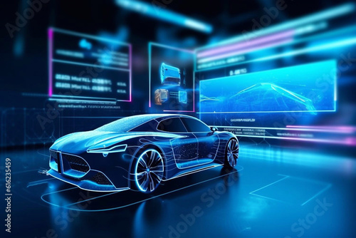 Electronic vehicle charging station control stop refuel point, hand pressing starting charge energy button, electric power EV car futuristic eco environmental friendly energy, blue Generative AI © Nataliia