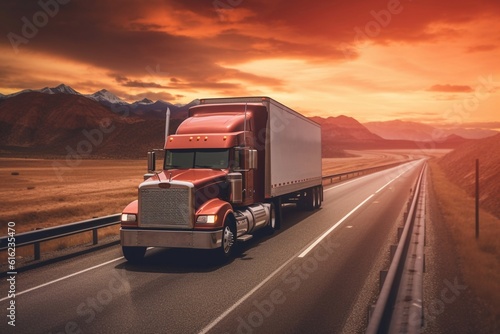 European truck vehicle on motorway with dramatic sunset light. Cargo transportation and supply theme. Generative AI