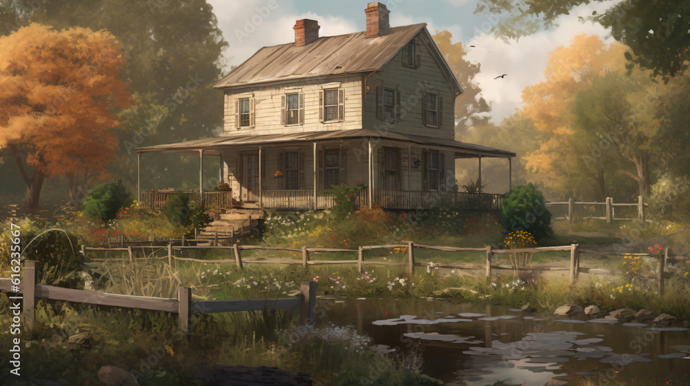 Obraz premium A house with a pond in front of it Generative Ai