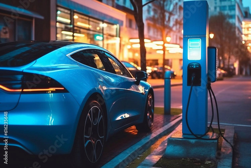 Power cable pump plug in charging power to electric vehicle EV car with modern technology UI control information display, car fueling station connected power cable alternative Generative AI