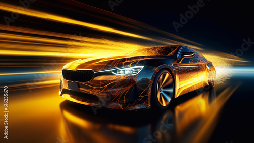Speeding Sports Car On Neon Highway. Powerful acceleration of a supercar on a night track with colorful lights and trails. 3d render Generative AI © Nataliia