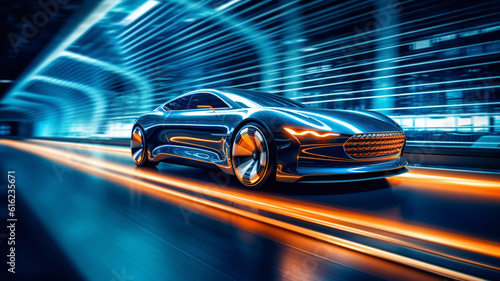Speeding Sports Car On Neon Highway. Powerful acceleration of a supercar on a night track with colorful lights and trails. 3d render Generative AI © Nataliia