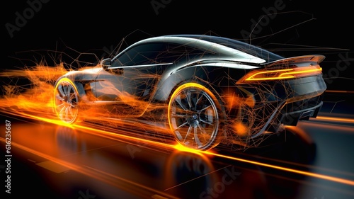 Speeding Sports Car On Neon Highway. Powerful acceleration of a supercar on a night track with colorful lights and trails. 3d render Generative AI