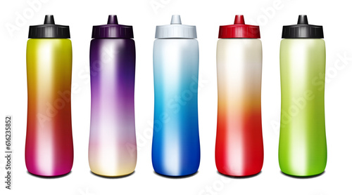 Insulated water bottle with screw top lid isolated on white background mock-up. Blank sport flask mockup. Color set. Easy editable vector illustration