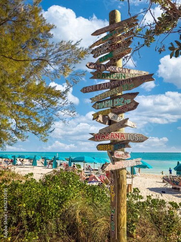 Directional sign on the beach indicating different wold destinations, photographed in Key West, Florida