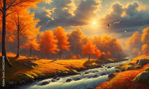 Autumn landscape. A beautiful autumn forest, the sun behind the clouds, flying birds, a flowing river, Generative AI, Generative, AI
