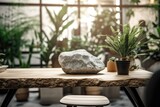 Mockup of a stone top desktop background in an indoor garden. Generative AI