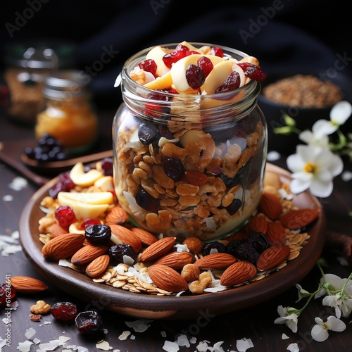 Granola mixture of nuts berries and fruit breakfast healthy food diet Generative AI Illustration