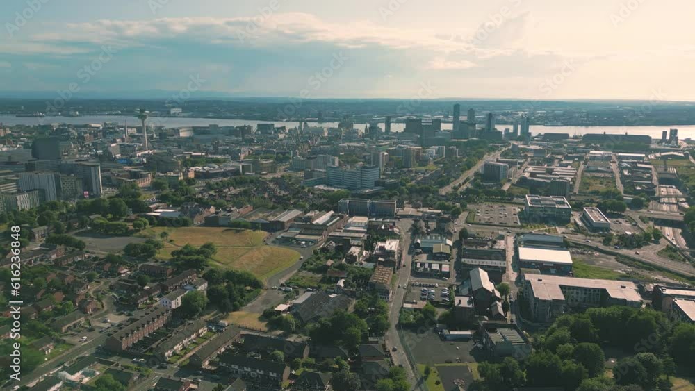 Aerial drone shot of buildings in the city of Liverpool, England