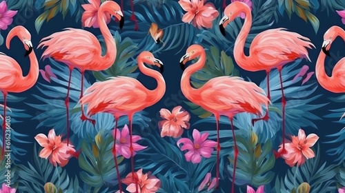 Tropical Print with Pink Flamingo and Palm Leaves, ai generative