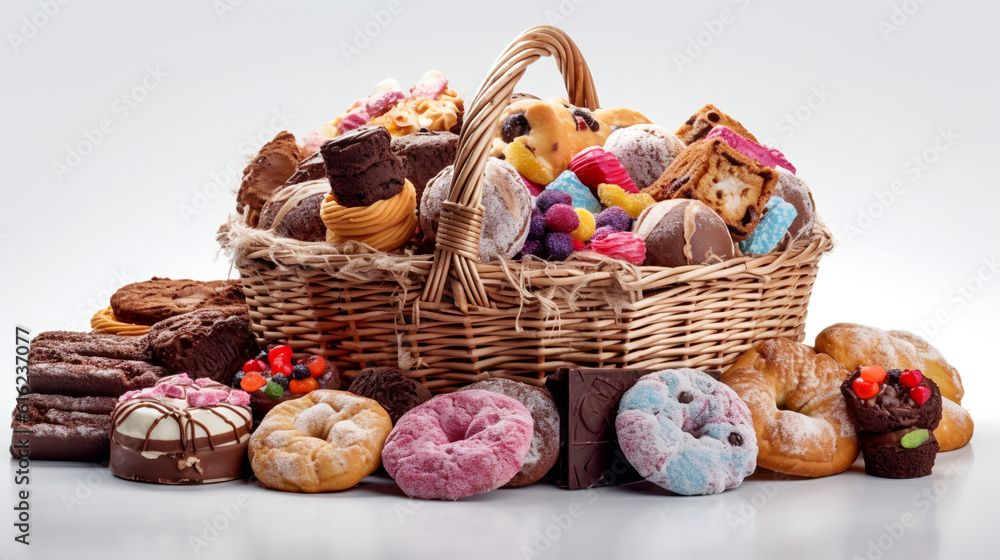 Dive into the world of exquisite gifting with this captivating still life of a gift basket against a pure white background! Dive into the world of exquisite gifting with this captivating still life of a gift basket against a pure white background!