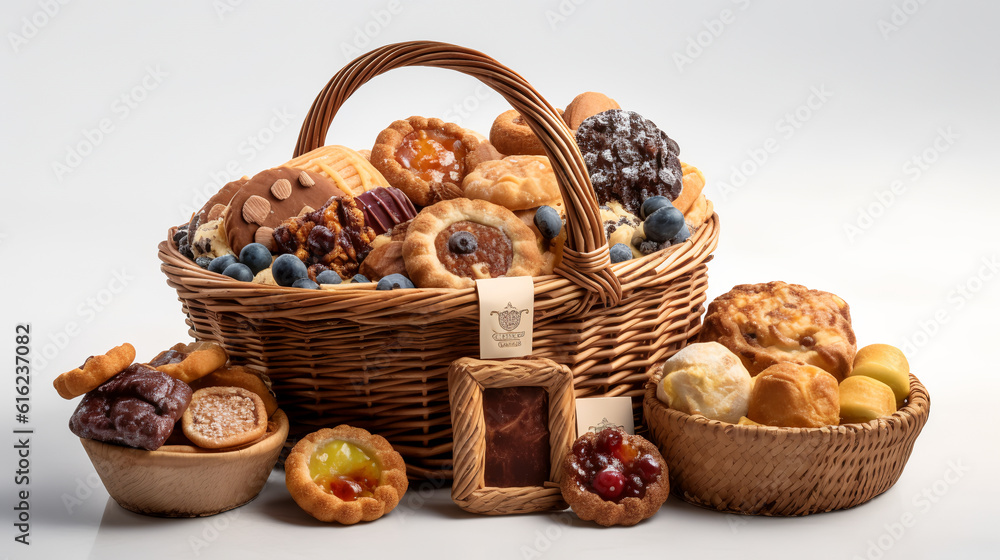 Dive into the world of exquisite gifting with this captivating still life of a gift basket against a pure white background! Dive into the world of exquisite gifting with this captivating still life of a gift basket against a pure white background!
