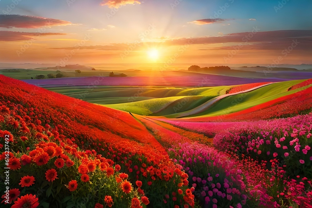 sunset in the field over the 3d flowers  generated ai