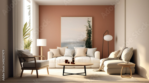 Stylish Living Room Interior with Mockup Frame Poster, Modern interior design, 3D render, 3D illustration