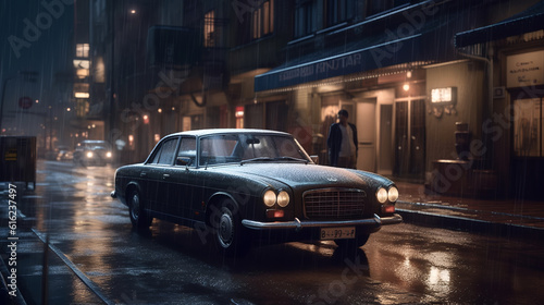 Experience the captivating allure of the night city as a car glides with grace and elegance against a backdrop of a photo-realistic, wet city street
