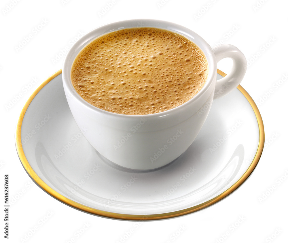 xícara com café expresso sobre pires branco com detalhes em dourado isolado em fundo transparente xícara com café expresso sobre pires branco com detalhes em dourado isolado em fundo transparente