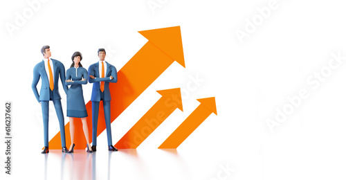 Successful business team. Arrows pointing up at the background. 3D rendering illustration
