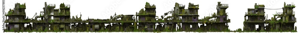 Post Apocalyptic ruined buildings, png, isolated (AI). Illustration of vector style. Industrial ruins. Post Apocalyptic ruined buildings, png, isolated (AI). Illustration of vector style. Industrial ruins.