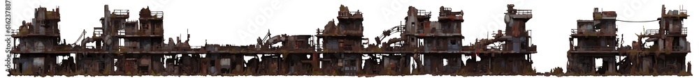 Post Apocalyptic ruined buildings, png, isolated (AI). Illustration of vector style. Industrial ruins.