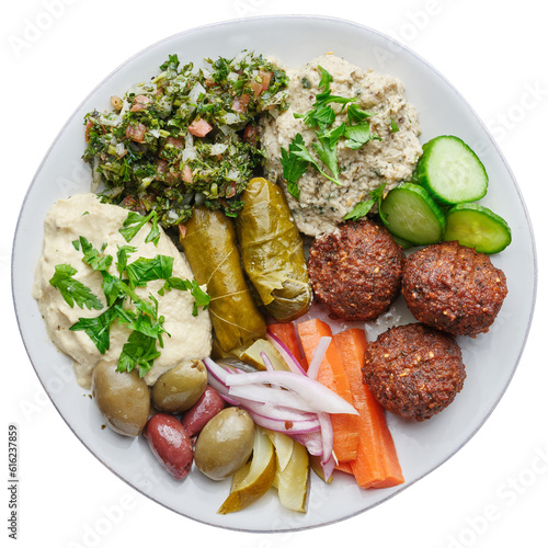 greek assorted food platter with hummus, falafel, tabouli, baba ganoush and dolmades on transparent background shot from overhead view  photo