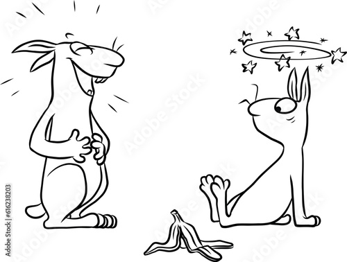Witzige Cartoon Illustration von einem ungeschickten Hasen, der auf einer Banane ausgerutscht auf dem Boden sitzt und voller Schadenfreude ausgelacht wird