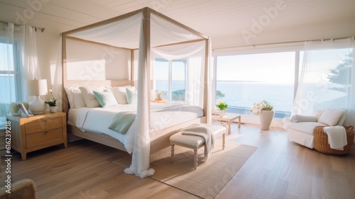 Bedroom decor, home interior design . Coastal Modern style with Ocean View decorated with Wood and Glass material . Generative AI AIG26. photo