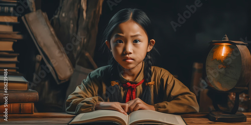 An Asian girl studying intently, her eyes focused on a book with determination. Back to school concept. School girl