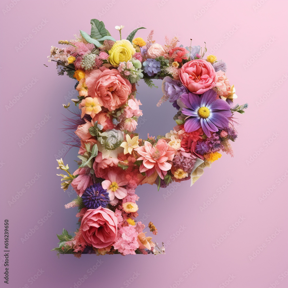 Floral Typography of the Letter P - Beautiful Pastel Flowers Arranged over a Wooden 