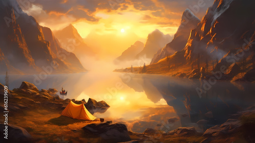 A breathtaking view of a lakeside campsite at dawn, with mist gently rising from the water's surface.
