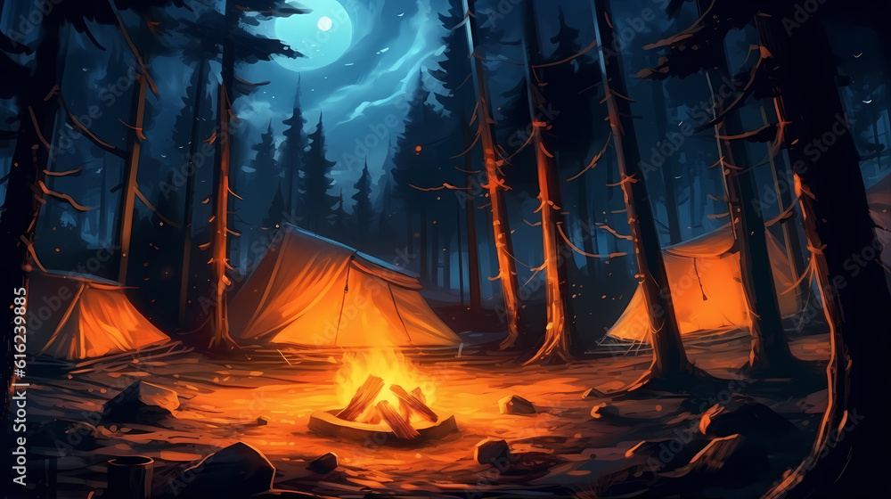 Campfire flickering in the night, casting dancing shadows on the