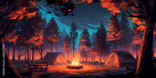 Campfire flickering in the night  casting dancing shadows on the surrounding trees. The flames are vibrant and warm