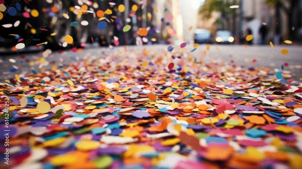 Close up colorful confetti on the street. Generative AI