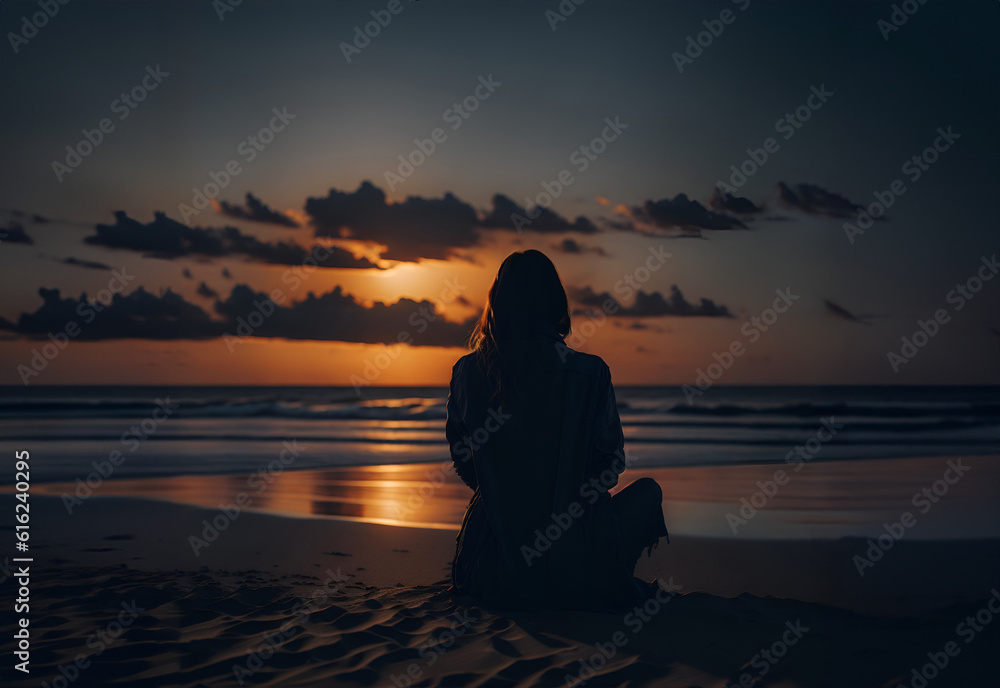 Woman sitting on the beach contemplating the sunset. A moment of solitude and meditation at Sundown