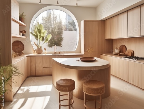 Contemporary wooden dining room and kitchen. Generative AI